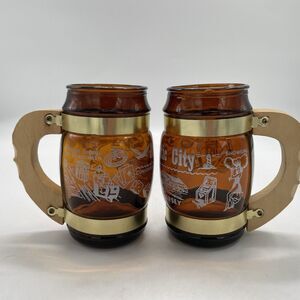 2 Vintage Atlantic City New Jersey Amber Glass Mugs w/Wood Handle 5”